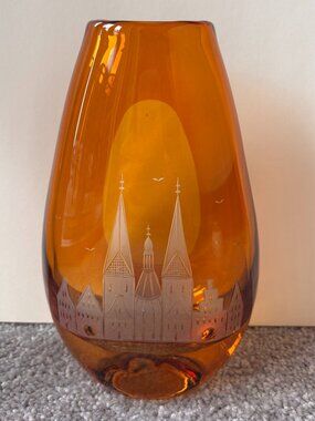 Vintage Handblown Amber Glass Etched Vase by Carl Rotter